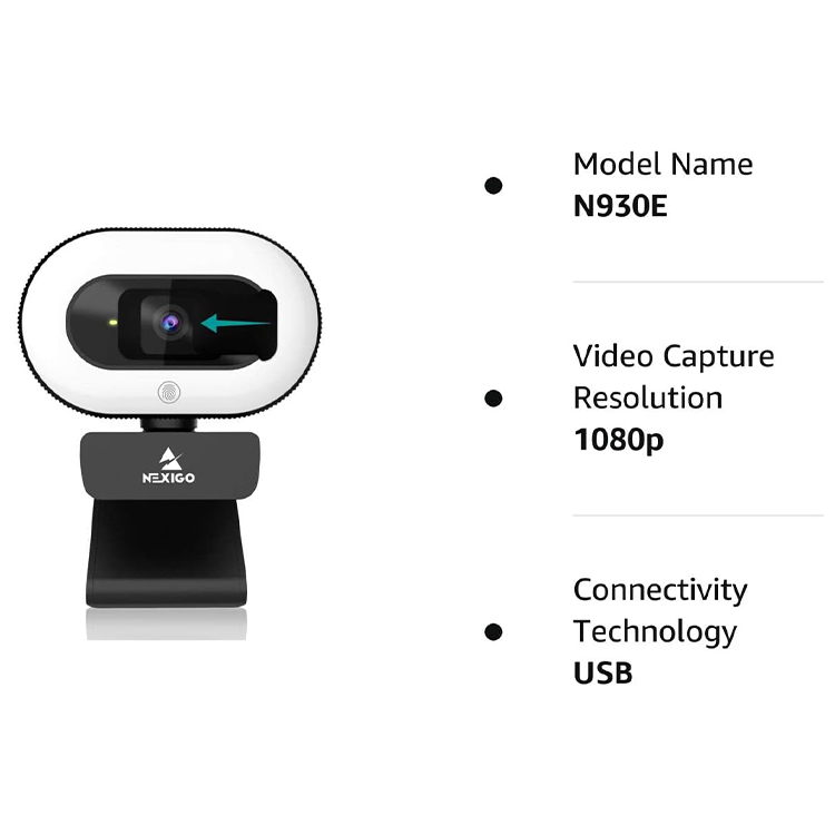 NexiGo StreamCam N930E with Software, 1080P Webcam with Ring Light and Privacy Cover, Auto-Focus, Plug and Play, Web Camera for Online Learning, Zoom Meeting Skype Teams, PC Mac Laptop Desktop