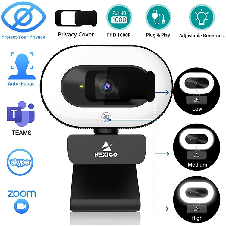 NexiGo StreamCam N930E with Software, 1080P Webcam with Ring Light and Privacy Cover, Auto-Focus, Plug and Play, Web Camera for Online Learning, Zoom Meeting Skype Teams, PC Mac Laptop Desktop