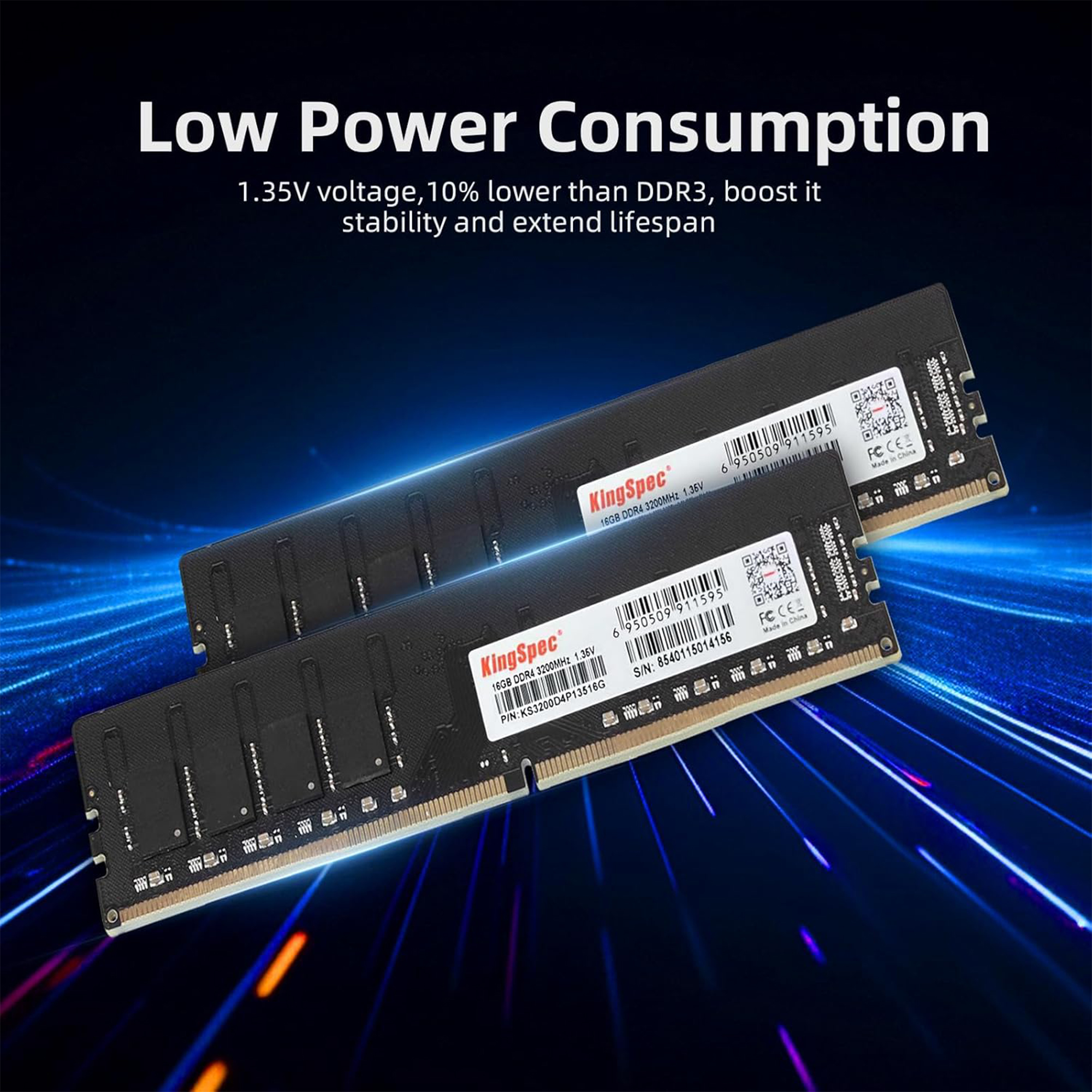 KingSpec 16GB DDR4 RAM 3200MHz for Desktop – CL18, 288-Pin DIMM, 1.35V Standard Version, Compatible with Intel/AMD PCs