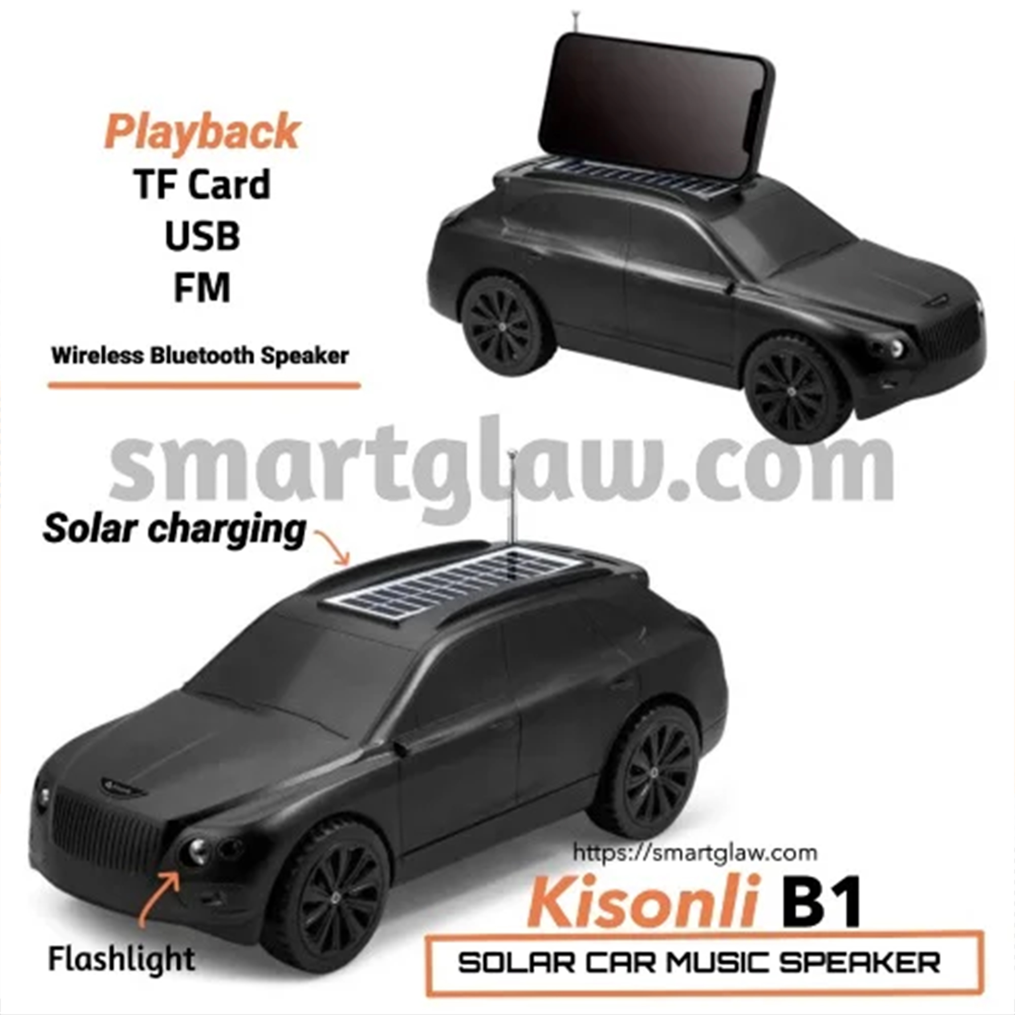 Kisonli B1 Bluetooth Speaker for Car – Solar Charging with Dual LED Flashlights