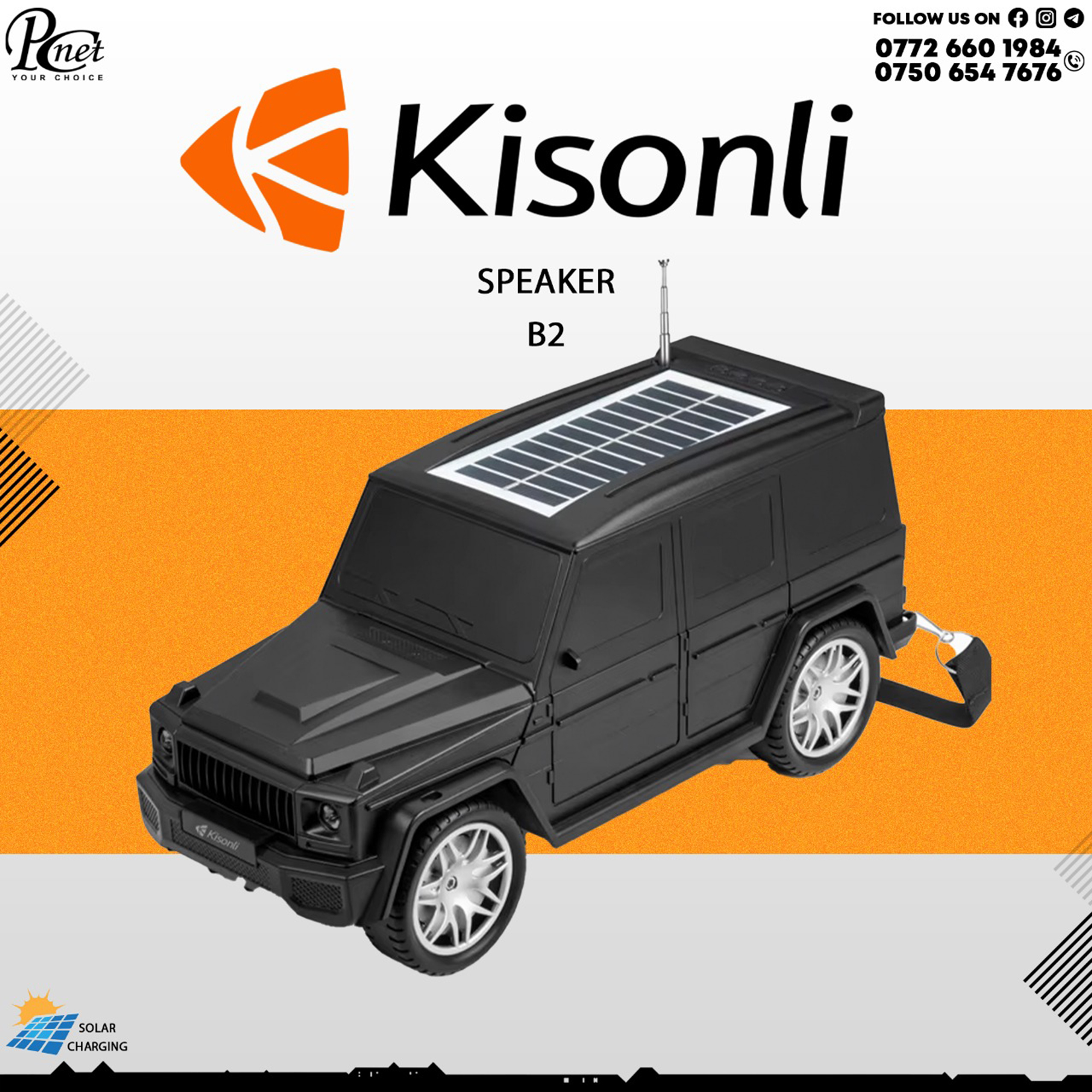 Kisonli B2 Portable Bluetooth Speaker – Solar Charging, USB, Flashlight – Car & Outdoor Use