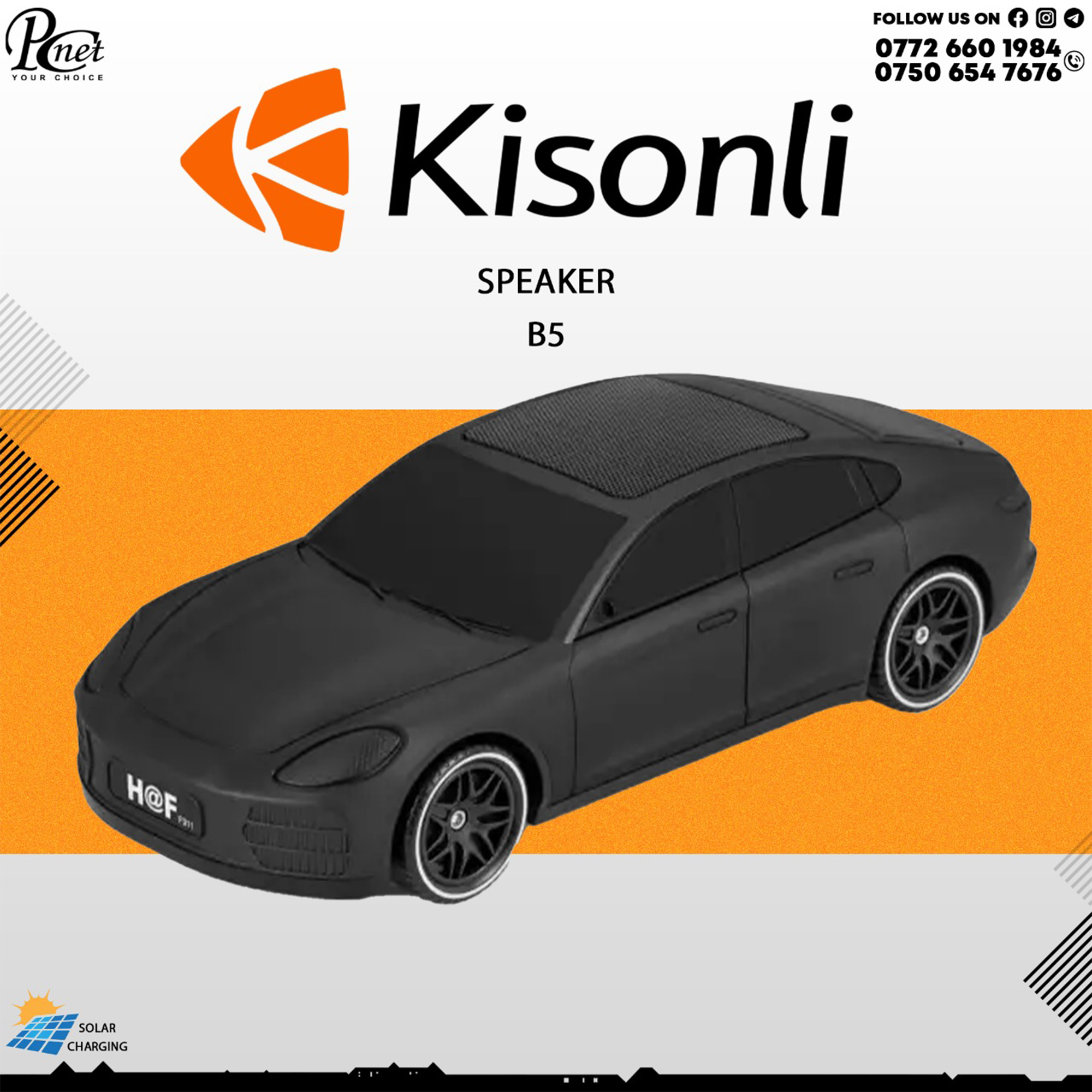 Kisonli B5 Car Bluetooth Speaker – Solar Charging, FM, TF, USB, 10W Stereo Sound, 1800mAh Battery – Black