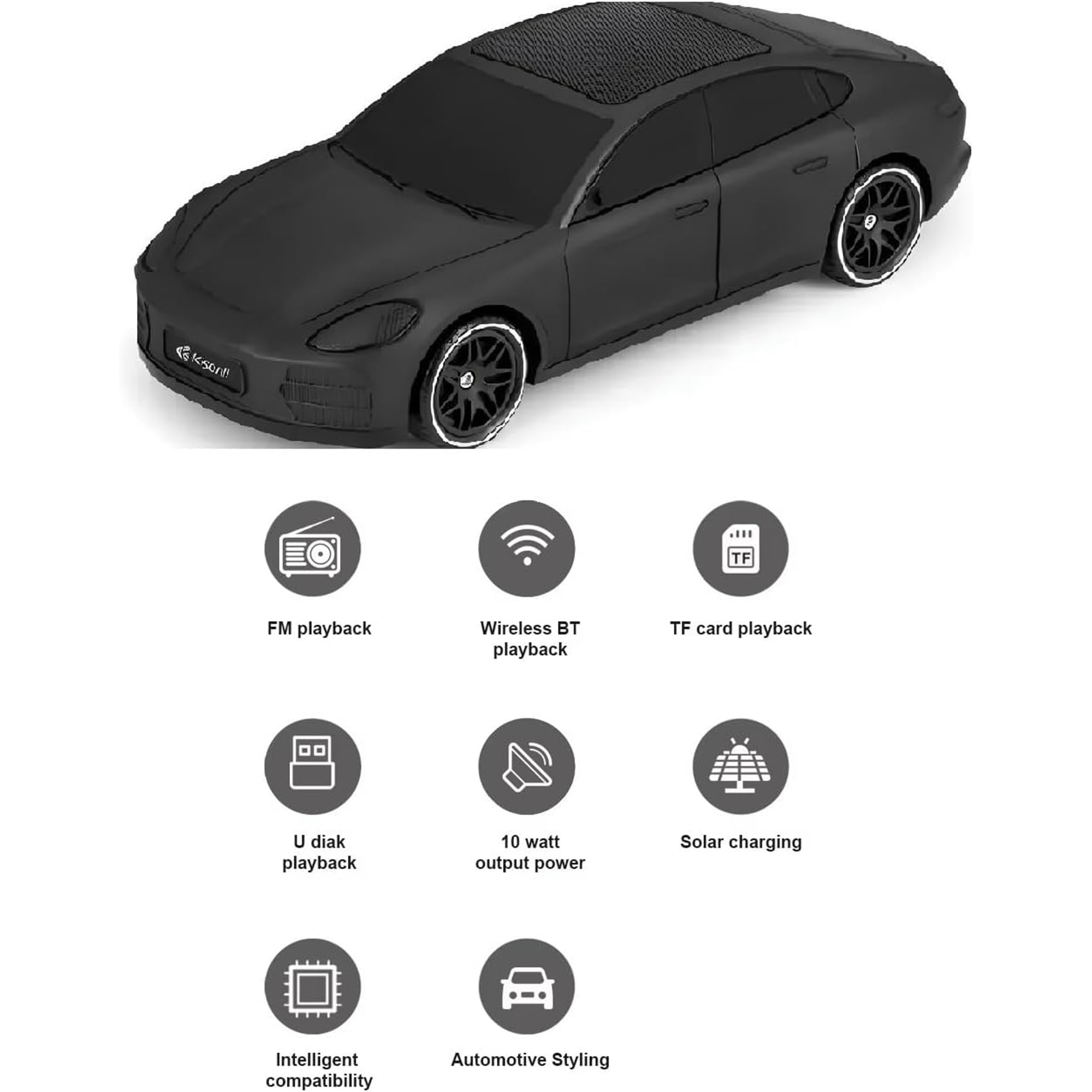 Kisonli B5 Car Bluetooth Speaker – Solar Charging, FM, TF, USB, 10W Stereo Sound, 1800mAh Battery – Black